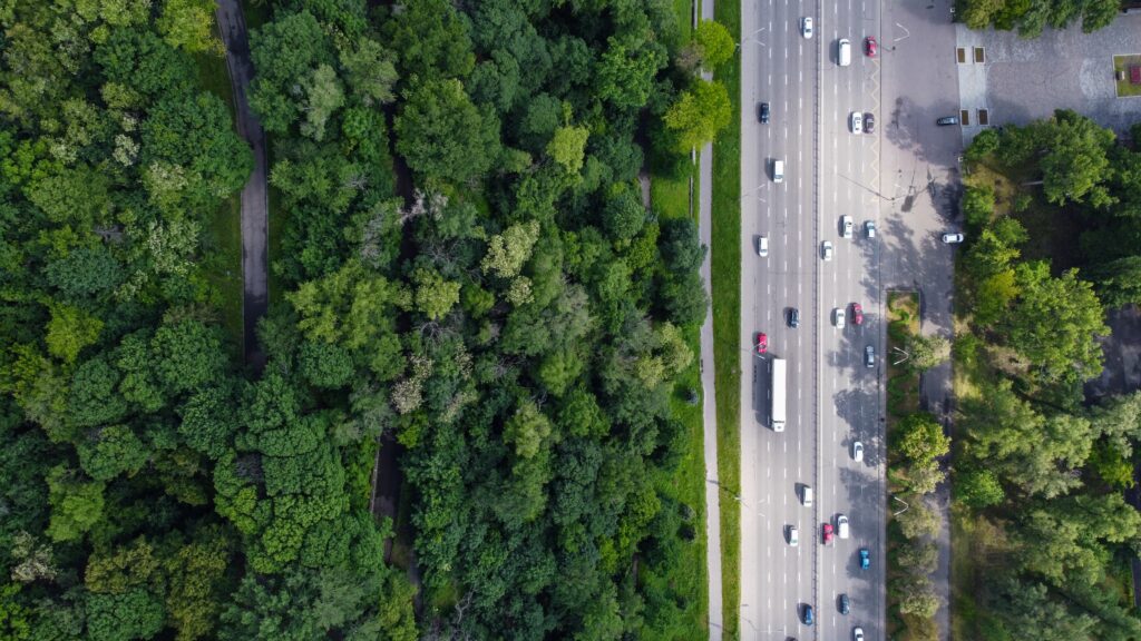 Groene dichtbeboste bosgebied en een drukke snelweg met voertuigen, capturing de natuurlijke omgeving versus stedelijke infrastructuur voor optimale SEO op logitrex.nl.
