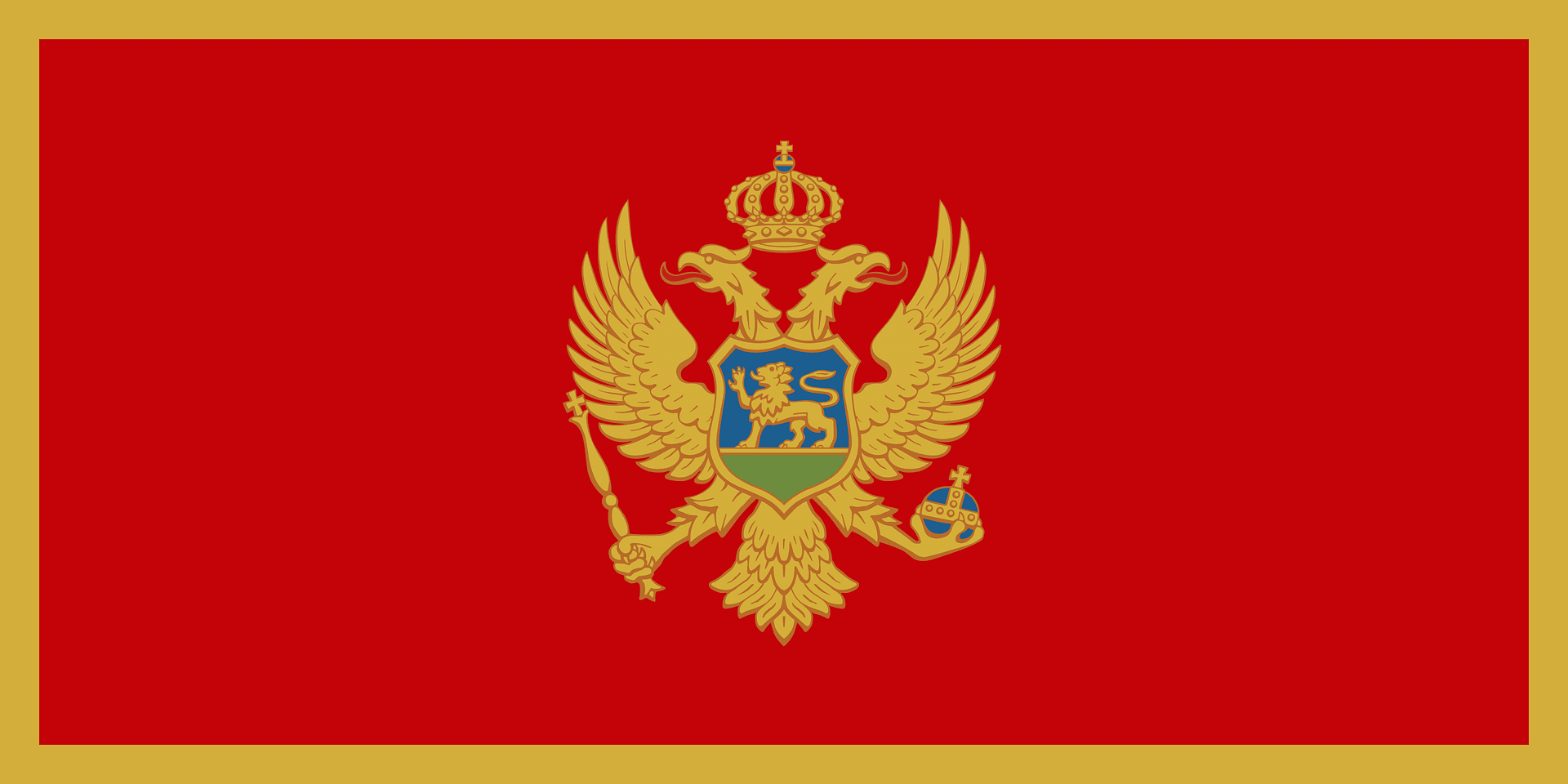 Grote afbeelding van de nationale vlag van Montenegro met gouden rand en het wapen in het midden, symboliseert nationale identiteit en trots.