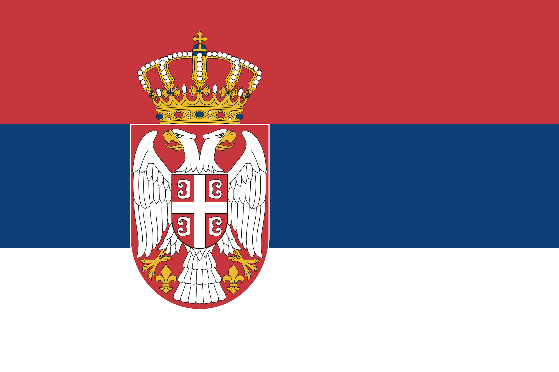 Zweefvlag van Servië met het nationaal wapen, bestaande uit rood, blauw en wit en een dubbele adelaar met kroont; symbool van Servië en nationale trots voor logistiek en transportdiensten.