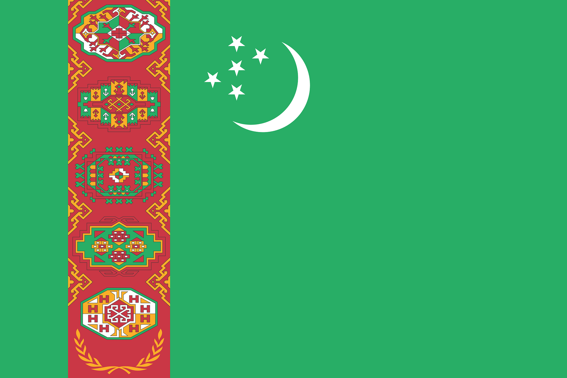 Kleurrijke Türkmen vlag met traditionele patronen en symbolen, kleurrijk design.